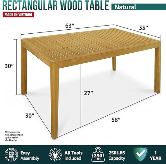 Acacia 63" L Classic Rectangular Outdoor Dining Table, Up to 6 Seats, Solid Eucalyptus Grandis Wood | Waterproof & UV Resistant, Low Maintenance & Easy Assembly Tables for Garden, Patio | Natural