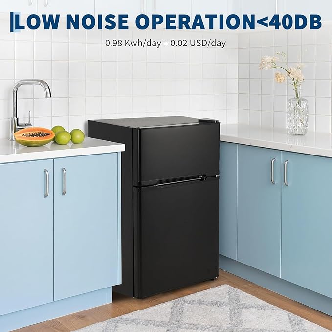 Mini Fridge with Freezer 3.1 Cu.Ft. Double Stainless Steel Door Compact Fridge Adjustable Thermostat,Removable Glass Shelves,Ideal for Compact Spaces Bedroom Dorm,Black