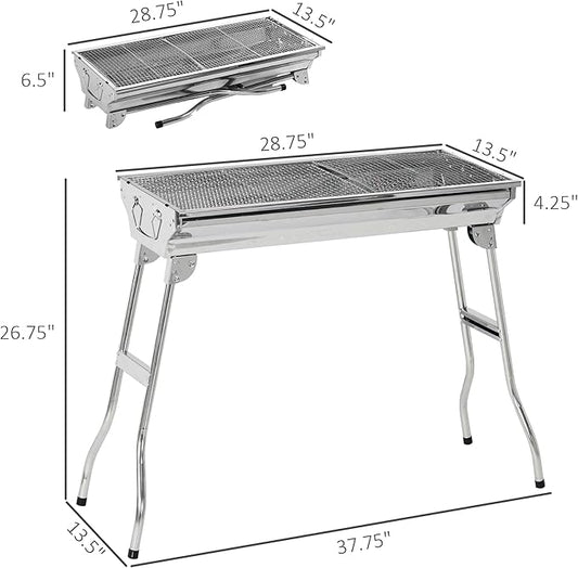 Portable Charcoal Grill, Stainless Steel Folding Outdoor BBQ Grill for Backyard Cooking, Camping, Picnic, Party, Tailgating and Travel with Pan, Grill Rack, Shelves, Hooks