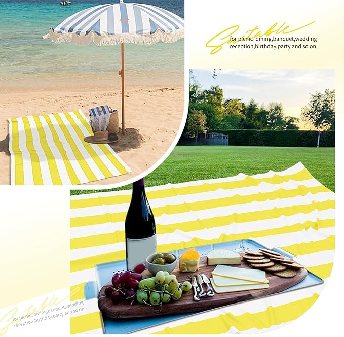 2 Pack Yellow and White Striped Rectangular Tablecloth, 84x60 inches, Polyester Fabric, Washable, For Afternoon Tea, Birthday Party, Picnic, Barbecue Gathering