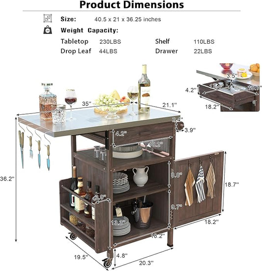 Outdoor Grill Cart with Stainless Steel Top, Solid Wood Outdoor Storage Cabinet with Drop Leaf, One Drawer, Towel Rack, Rolling Kitchen Cart with Lockable Wheels for Lawn Garden (Brown@072)