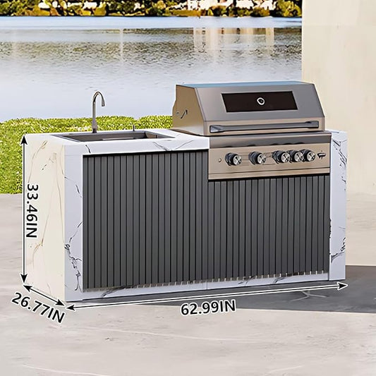 Outdoor Kitchen Cabinet with BBQ - Large Kitchen Cabinet with Slate Countertop Includes Barbecue Grill,Table Includes Stainless Steel Sink & Storage Space(62.99IN)