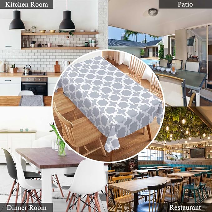 Swono Moroccan Gray White Table Covers 52x70 Inch Modern Geometric Quatrefoil Wipeable Tablecloth Kitchen Dinning Tabletop Decoration, Table Cloth for Outdoor and Indoor Use