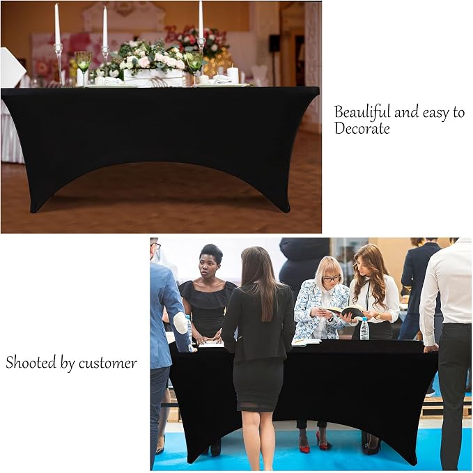 BDDC 6ft Black Stretch Spandex Fitted Table Cloth for 6 Foot Tables | GRS-Certified Eco-Friendly Fabric, Elastic Fit Rectangle Tablecloth, Washable, Wrinkle-Free, For Events & Parties