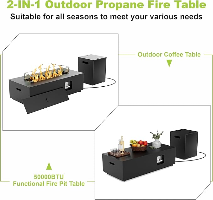 SUNPEAK 42" Propane Fire Pit Table with LED Light - 50,000 BTU with Wind Guard, Lid, Rocks and Cover - Outdoor Gas Fire Pit Rectangle - Coffee Table with Fire Pit (Black/RGB Light, 42" LED)