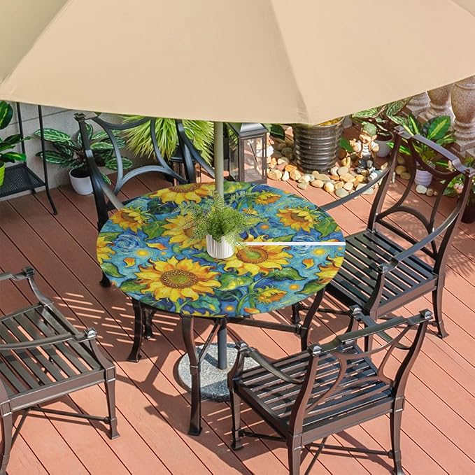 Oil Painting Sunflower Outdoor Round Fitted Tablecloth with Umbrella Hole and Zipper, 45"-56" Elastic Patio Table Cloth Oil-Proof Waterproof Patio Table Cover for Picnic Party Camping