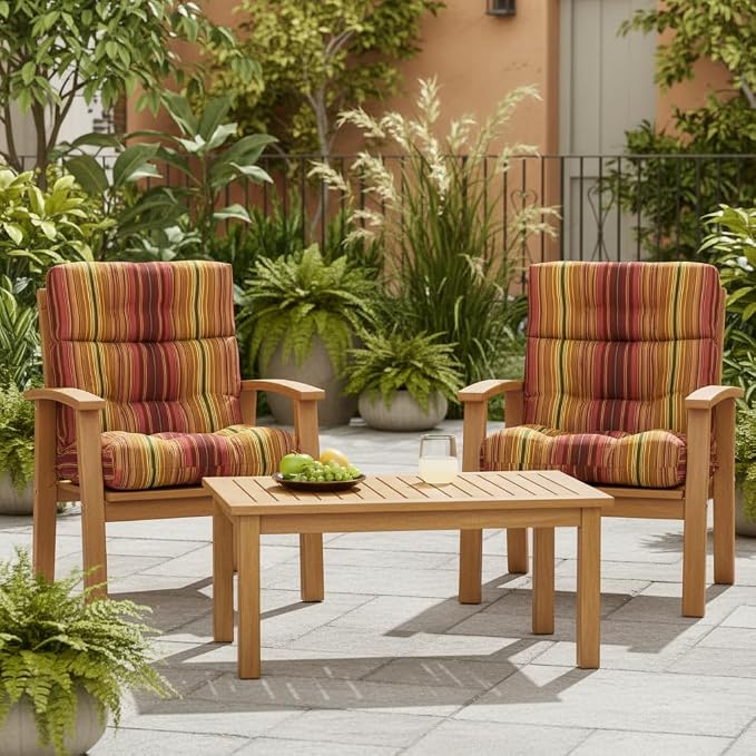 Outdoor Tufted High-Back Chair Cushions, One-Piece Hinged Seat and Back Design, Reversible with 4 Ties, Durable Polyester Fabric, Recycled Fiber Fill - Set of 2, Kinnabari Stripe