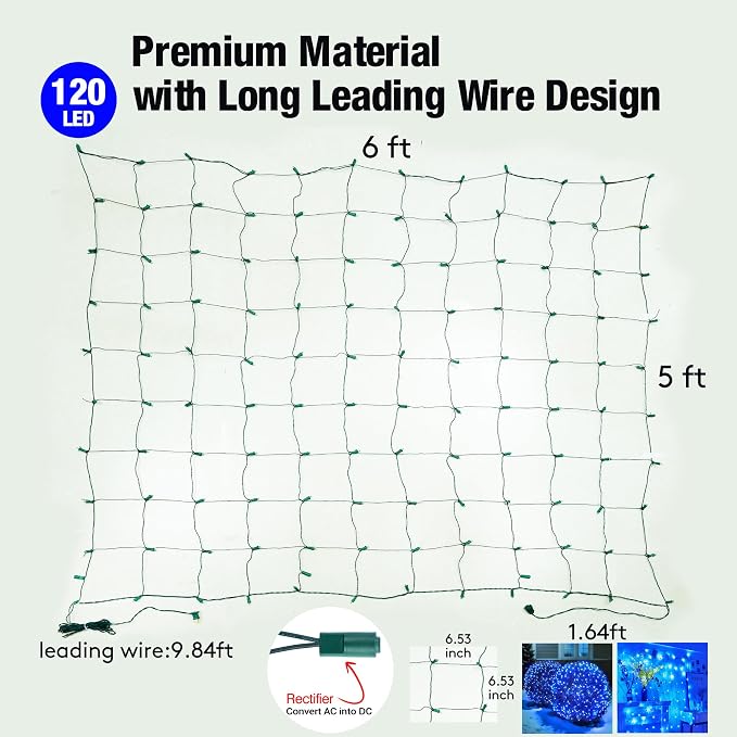 Led Blue Christmas Net Lights Outdoor Christmas Bushes Lights 120Led 6ftx5ft, Connectable Outdoor Indoor Mesh Net Lighting for Xmas Holiday, Garden, Lawn, Shrubs, Trees, Bushes Decorations