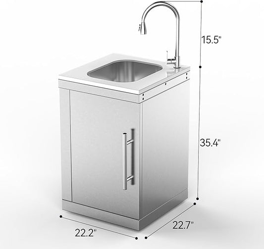 Stainless Steel Single Door Outdoor Sink Cabinet with Standard Handle, White Quartz Countertop, Pull-Down Faucet, Modular BBQ Island Prep Sink for Patio Garden - White