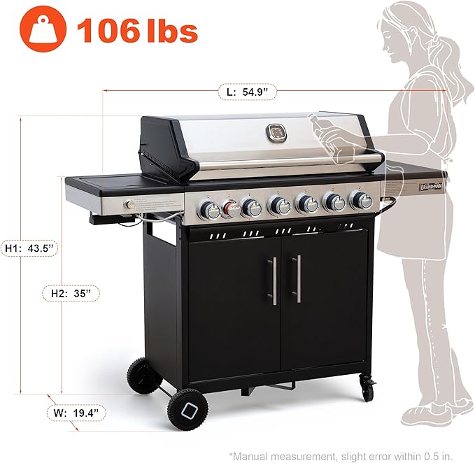 Brand-Man 6-Burner Propane Gas Grill with 12,000 BTU Infrared Sear Side Burner, Porcelain-Enameled Cast Iron Diamond-Pattern Grates & Griddle, 624 Sq.In. BBQ Station with Storage Cabinet for Barbecue