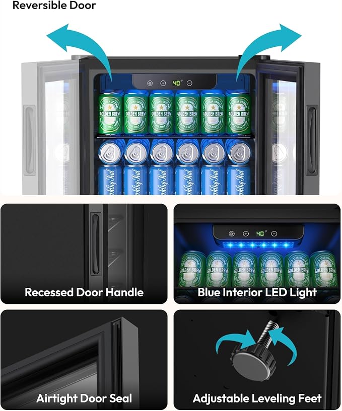 EUHOMY Mini Fridge 130 Can Beverage Refrigerator Cooler Glass Door for Soda Wine Beer, Beverage Cooler for Home, Bar, Office with Digital Temperature Control Removable Shelves, Black