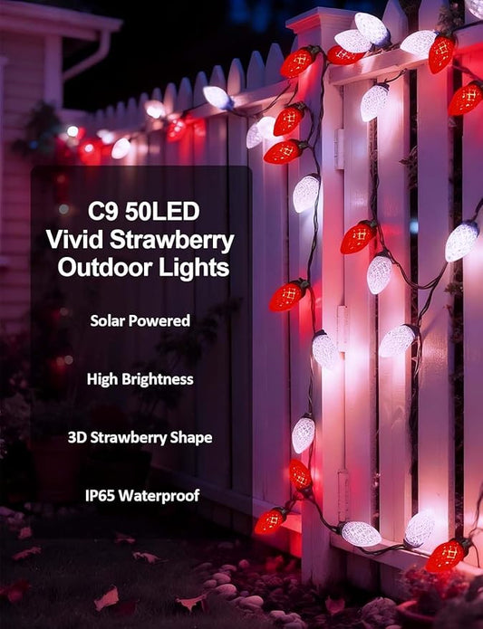C9 Red White Strawberry Solar String Lights, 31FT 50 LED Ultra Bright Fairy Lights, 8 Modes IP65 Waterproof Green Wire for Outdoor Christmas Wedding Valentine Garden Decor