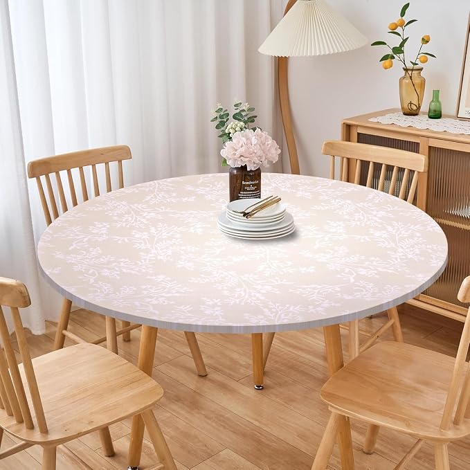 LIBERECOO Round Vinyl Fitted Tablecloth with Flannel Backing Elastic Edge Plastic Table Cover - Warm Brich - Waterproof Stain-Resistant Wipeable Tablecloths