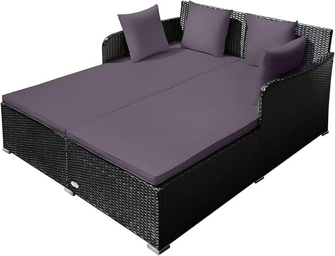 Tangkula Outdoor Rattan Daybed, Sunbed Wicker Furniture w/Spacious Seat, Upholstered Cushion & High-Resilience Sponge, Wicker Patio Sofa Set w/Extra Pillows for Courtyard Poolside (Grey)