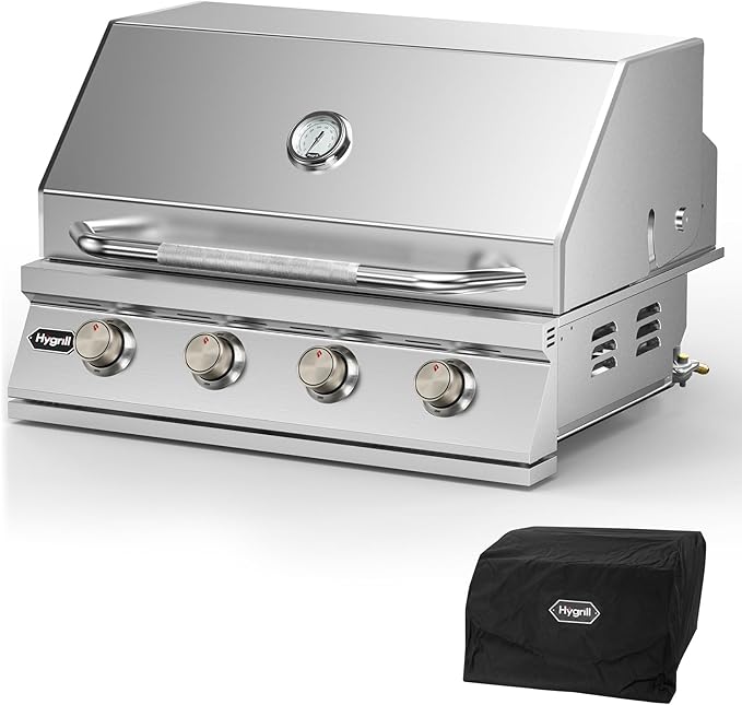 Hygrill STD Series 32-Inch Built In Grill, Stainless Steel 4-Burner Grill Head for Outdoor Kitchen, Natural Gas