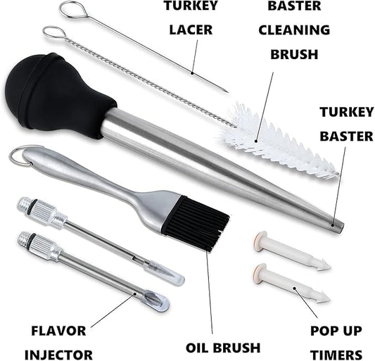 Turkey Baster Set w/Timer and Lacer – Stainless Steel Turkey Baster with Silicone Bulb, 2xPump Flavor Injectors, Silicone Brush, Pop-Up Timer, Turkey Lacer and Cleaning Brush, A Must For Thanksgiving