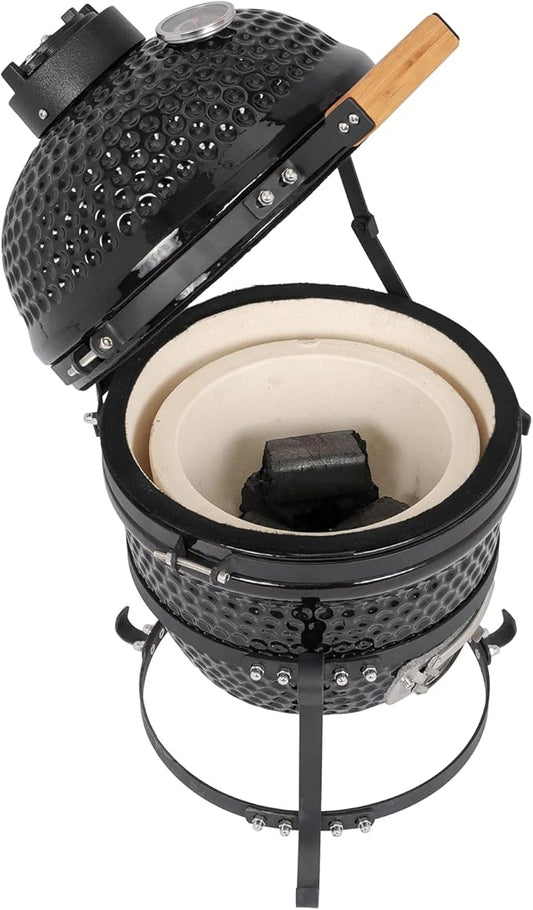 13" Grill with Built-in Thermometer, Cast Iron Grates, Bamboo handle, Portable Ceramic Grill with Low Stand for Backyard, Patio, Deck grilling (Black)