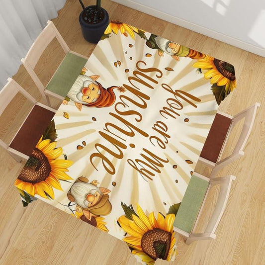 Sunflower Decorative Rectangle Tablecloth Cute Elf Gnomes You are My Sunshine Rectangle Polyester Table Cloths Kitchen Table Cover for Dining BBQ Picnic Coffee Table 52" x 70" 4-6 Seats