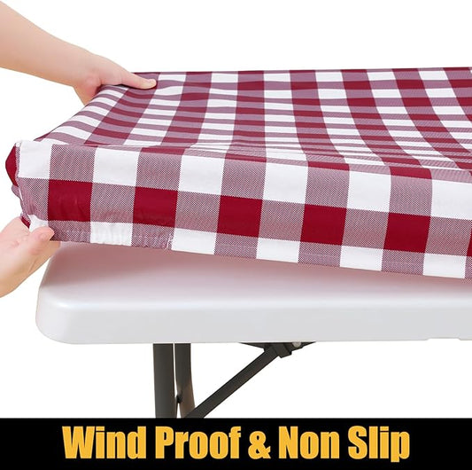 Smiry Rectangle Picnic Table Cloth, Elastic Waterproof Fitted Vinyl Tablecloths, Flannel Backed Buffalo Plaid Table Covers for Dining, Camping, Outdoor (Burgundy and White, 24" x 48")