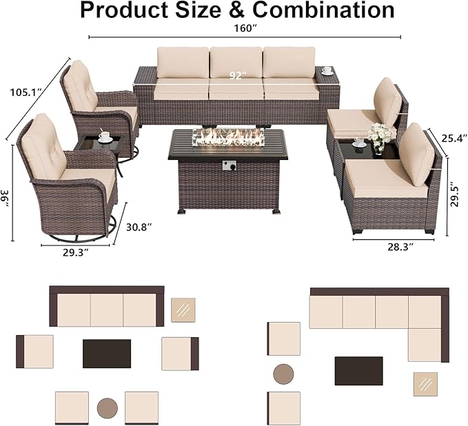 ALAULM 10 Pieces Patio Furniture Set with 2 Swivel Chairs Patio Furniture Outdoor Sectional Sofas with 55000 Gas Fire Pit Patio Conversation Set w/7 Cushions-Sand