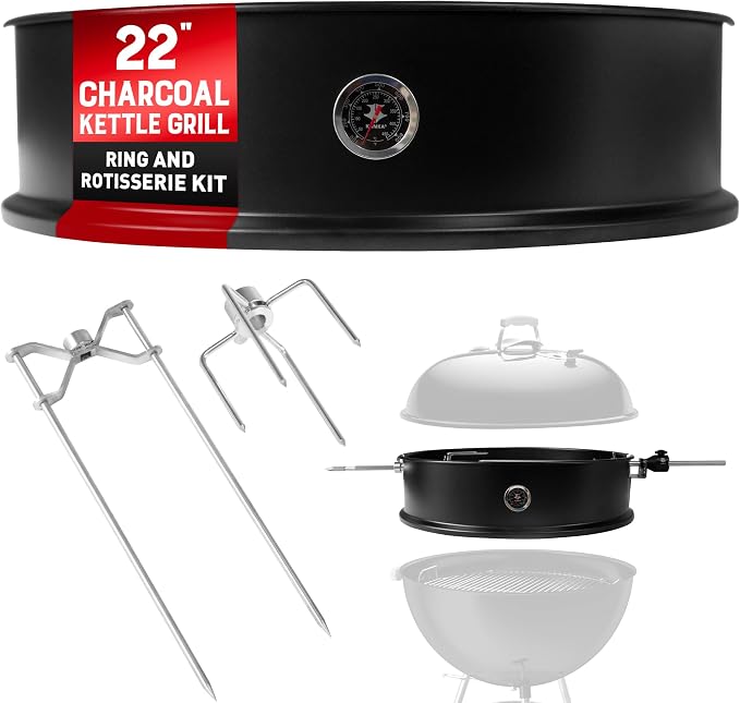KANKA Kettle Grill BBQ Rotisserie Kit – 22 In Heavy-Duty Outdoor Rotisserie System Includes Motor, Stainless Steel Spit Rod, Thermometer & Tight-Fit Ring to Enhanced Smoke & Flavor Control