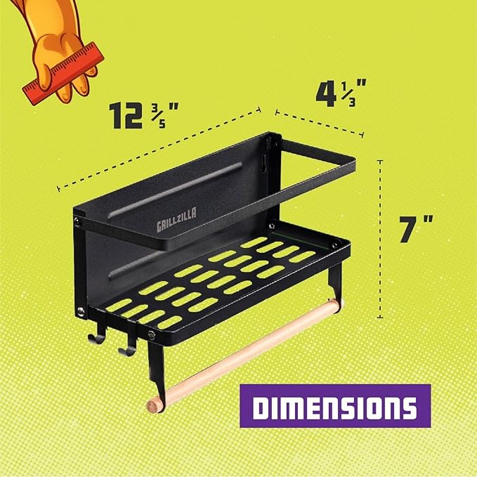 Grillzilla Grill Accessories Magnetic Grill Caddy & Organizer - Black Portable Powder-Coated Iron - BBQ Shelf & Tool Holder with Heavy Duty Magnets for Refrigerator & Oven - Foldable Design