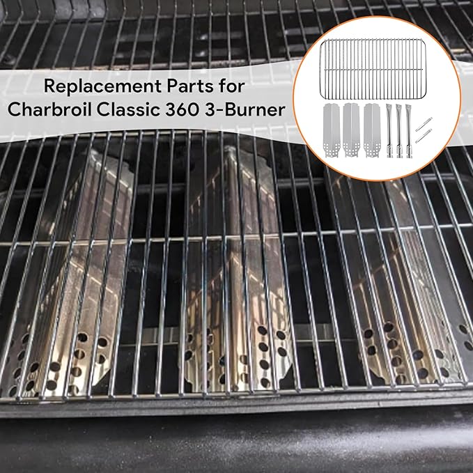 BQMAX Stainless Steel Replacement Parts for Charbroil Classic 360 3-Burner 463742418, 463773717, G320-0200-W1, G215-0203-W1 Grill Burner, Heat Plate, Cooking Grate and Adjustable Carryover Tube