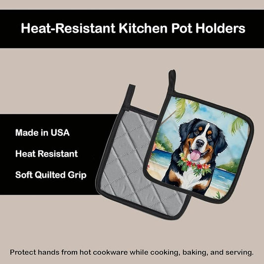 Caroline's Treasures Bernese Mountain Dog Luau Pair of Pot Holders Kitchen Heat Resistant Pot Holders Sets Oven Hot Pads for Cooking Baking BBQ, 7 1/2 x 7 1/2