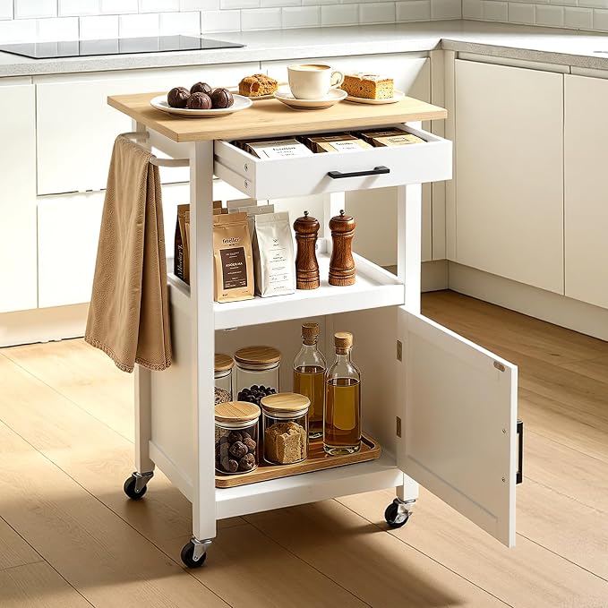 VEVOR Kitchen Island Cart with Single Door Cabinet, Mobile Carts with Drawer, Towel Rack, Hooks, Portable Table on Swivel Wheels, Small Coffee Islands Microwave Stand for Dining Room, 18x23 in, White