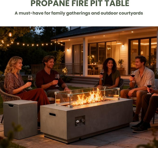 42" Propane Fire Pit Table, 2-Pieces 50,000 BTU Outdoor Gas Firepit with Wind Guard Lid, Rectangular Steel Fire Table for Patio, Backyard, Deck, All-Weather Steel Frame