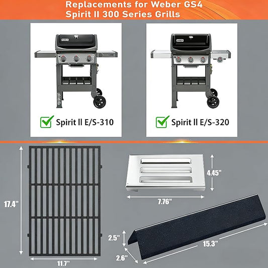 QuliMetal Grill Parts for Weber Spirit II E310 & 300 Series Grills, 15.3" Flavorizer Bars, 17.5" Grill Grates, 67060 Heat Deflector, Compatible with Spirit 2 Grill Parts, Replaces 7636 7638