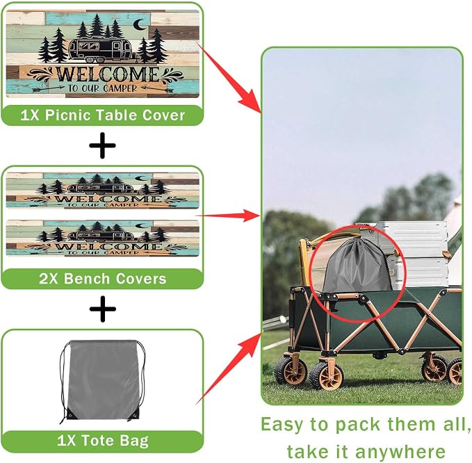 JAWO Welcome to Our Camper Rustic Wood RV Picnic Table Cover with Bench Covers, Camper RV Essentials Gear Supplies Outdoor Waterproof Windproof Tablecloth with Elastic, 30X60in