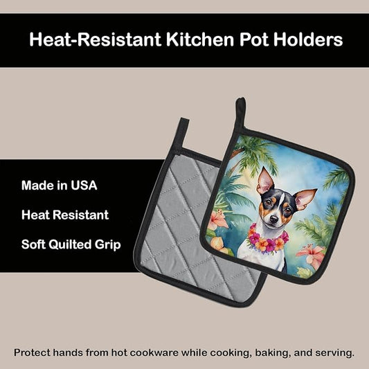 Caroline's Treasures Rat Terrier Luau Pair of Pot Holders Kitchen Heat Resistant Pot Holders Sets Oven Hot Pads for Cooking Baking BBQ, 7 1/2 x 7 1/2