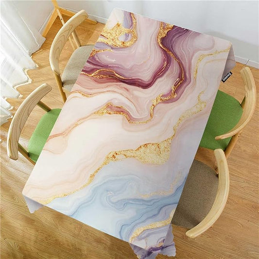 Swono Marble Tablecloth Abstract Pink Golden Waves Marble Pattern Rectangle Table Cloth Washable Plaid Table Cover for Kitchen Holiday Dinner, 52x 70 Inch Tablecloth