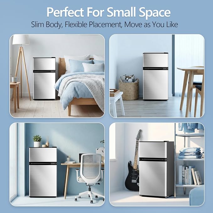 Electactic 2.5 Cu.Ft Mini Fridge with Freezer, Double-Door Compact Refrigerator, Adjustable Glass Shelves, Mechanical Thermostat & Leveling Feet, Space-Saving for Apartment/Dorm/Office, Silver