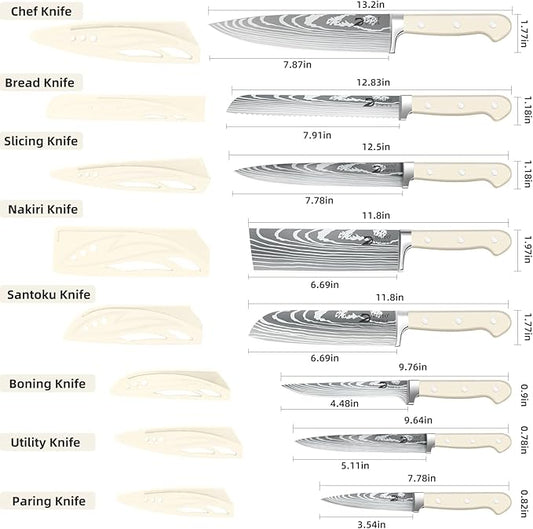 Dfito Chef Knife Set with Roll Bag, 9PCS Professional Knife Set with Sharpener, High Carbon Stainless Steel Kitchen Knife Set with Anti-Slip Ergonomic Handle for Camping, Travel, BBQ, RV or Gift Beige