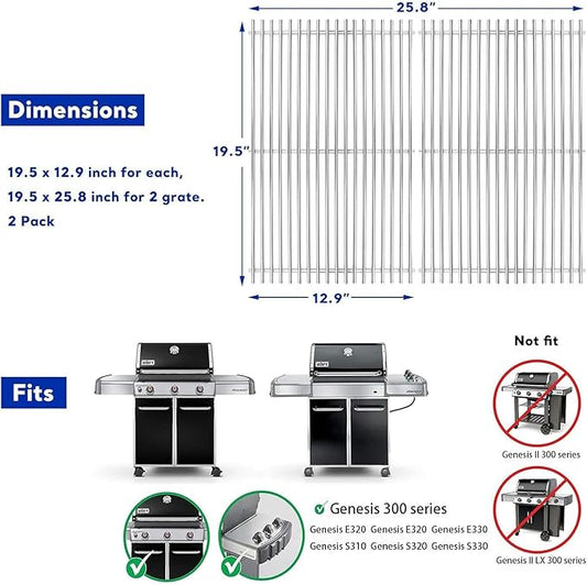 Uniflasy 19.5" Grill Grate for Weber Genesis 300 Series, 304 Stainless Steel Grill Grate for Weber Genesis S330 S320 S310 E330 E320 E310, Replacement Grill Grates for Weber 7528/7524