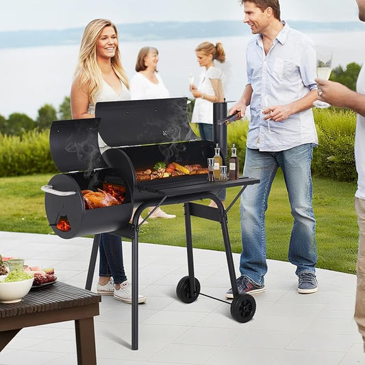 Charcoal Grill Outdoor BBQ Grill 43 Inch Portable Camping Grills with Offset Smoker & Pulleys for Picnics Parties Patio,Black
