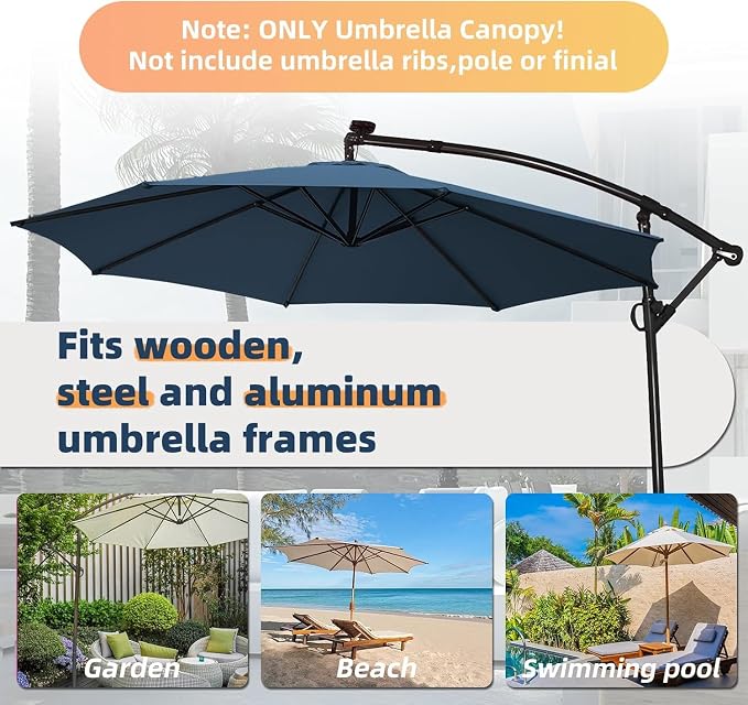 11FT Cantilever Patio Umbrella Replacement Canopy, 8 Ribs 64"-66", Upgraded 600D 220GSM Heavy-Duty Fabric, Waterproof & UV Resistant (Canopy Only)