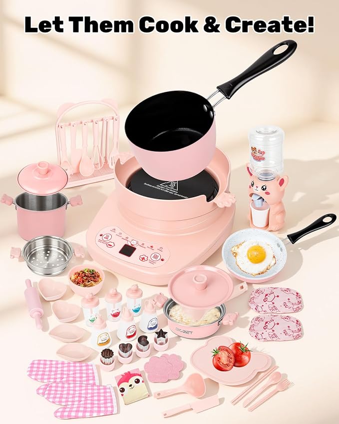 Mini Real Cooking Set for Teens ,42 PCS Electric Hot Plate Kit (Pink) | with Pot, Frying Pan, Steamer, Apron, Utensils and Accessories for Supervised Food Making