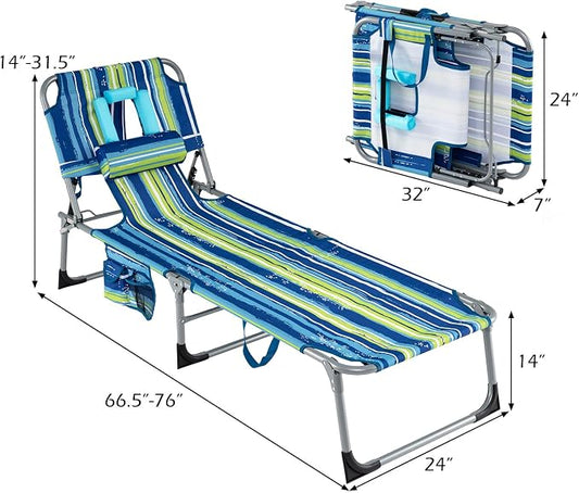 GYMAX Tanning Chair, Folding Lounger with Face/Arm Holes, Carry Handles & Side Pocket, Portable Lightweight Layout Beach Chair for Outdoor/Indoor, Face Down Sun Lounger (1, Blue Stripe)