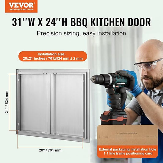 VEVOR BBQ Access Door - 31" W x 24" H Stainless Steel Flush Mount Vertical Door with Recessed Handles,for BBQ Island, Grilling Station, Outside Cabinet