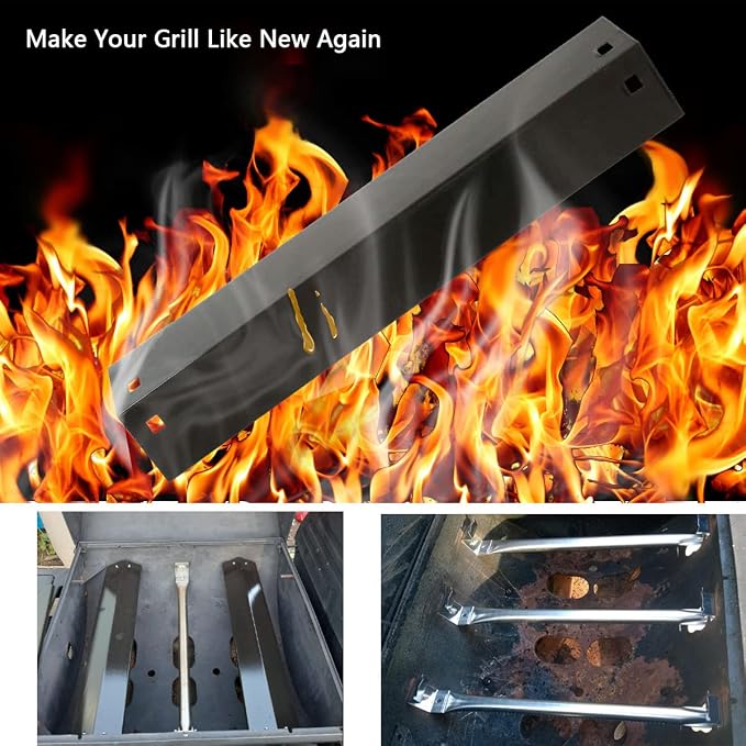 Hisencn Replacement Parts for Chargriller 5050, 3001, 5650, 3008, 3030 | Porcelain Steel Heat Plate & Burner Tube, Ignitor for Char-Griller 3-Burner Grills, Durable Corrosion-Resistant