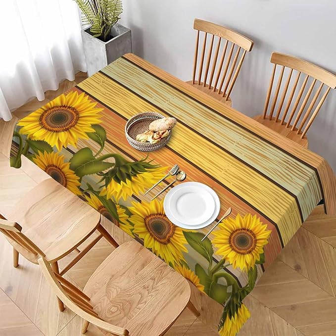 TKS MITLAN Tablecloth Sunflower Table Cloth Rectangle Table 60 x 84 Inch Retro Sunflowers on Wooden Board Kitchen Decorations for Home Dinner Party