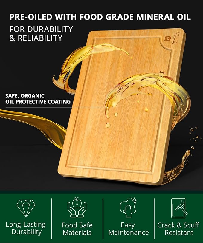 ROYAL CRAFT WOOD Bamboo Cutting Board with Juice Groove - Kitchen Chopping Board for Meat Cheese and Vegetables, Heavy Duty Serving Tray