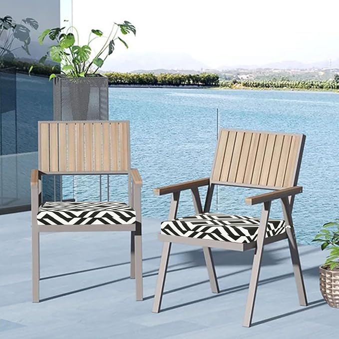 Cozyide Outdoor Chair Cushions, Waterproof Patio Seat Cushions with Adjustable Straps, Square Corner Patio Chair Cushions for Garden, Black Geometry, 18.5x16x3 Inch (Pack of 4)