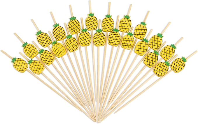 Minisland Yellow Pineapple Cocktail Picks, 4.7 Inch Long Bamboo Fancy Toothpicks for Appetizers, Decorative Summer Tropical Hawaiian Party Food Drinks Garnish Fruit Skewer Sticks 100 Counts - MSL171