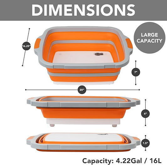 Tiawudi Large Collapsible BBQ Prep Tub with Locking Lid, Basket for Meal Prep Marinating Food Storage, Plastic Cutting Board(4.22 Gal/16L), Camping Sink with Colander, Dish Basin