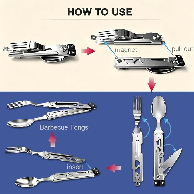 5 in 1 Detachable Camping Utensils Flatware Set, Multifunction Travel Pocket Cutlery Folding Spoon Fork Knife Grill Barbecue BBQ Tongs Bottle Opener, Portable Combo Set 420J2 Stainless Steel