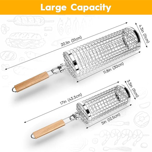 2 Pcs Rolling Grill Baskets for Outdoor Grill Accessories, BBQ Grilling Basket for Vegetables Shrimp Kebob, Thickened Stainless Steel Mesh, Split-Body Design, Perfect Grill Gift for Men, Dad, Husband